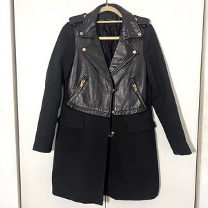 Zara Biker Jacket Womens‎ M Black Wool Leather Contrast Mid length Punk Casual